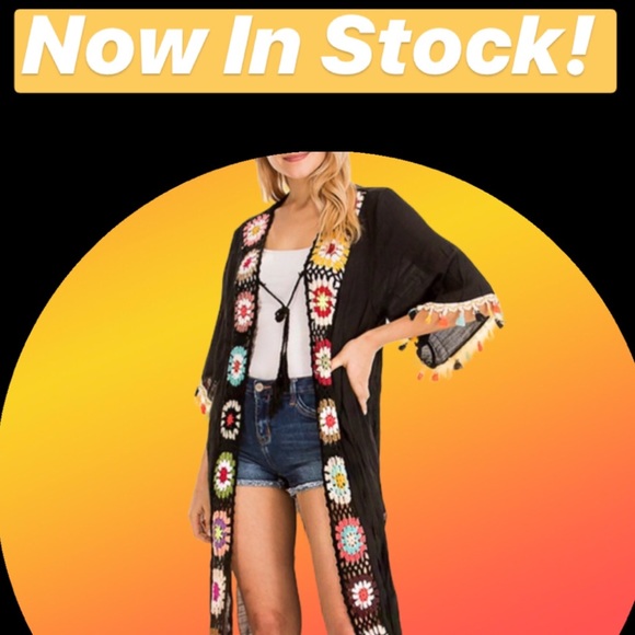 Crochet Floral Black Tie Tassel Embroidered Kimono - Picture 6 of 8